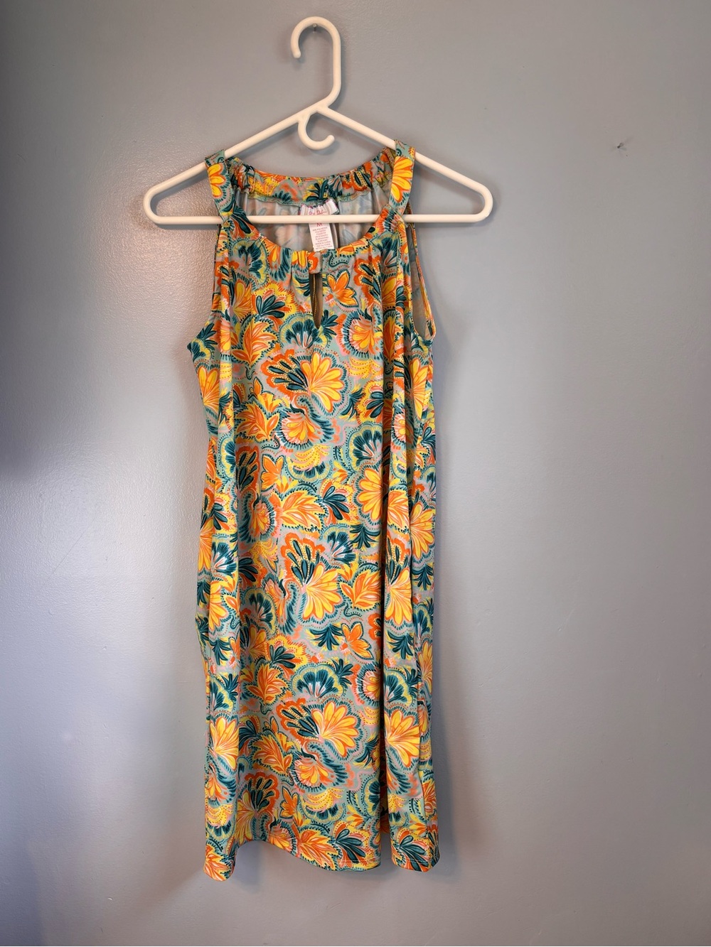 Stella Parker Tropical Palm Print Halter Dress in Peach UPF 50 Sz M. NWT